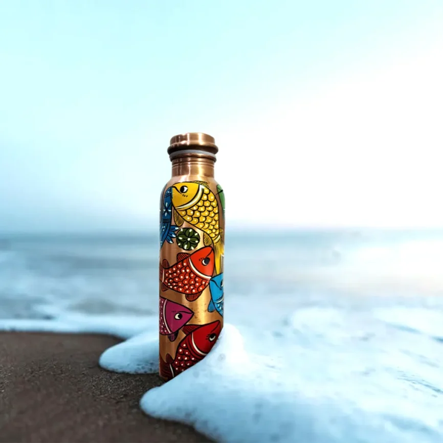 Hand-Painted Copper Bottle -Fish Design