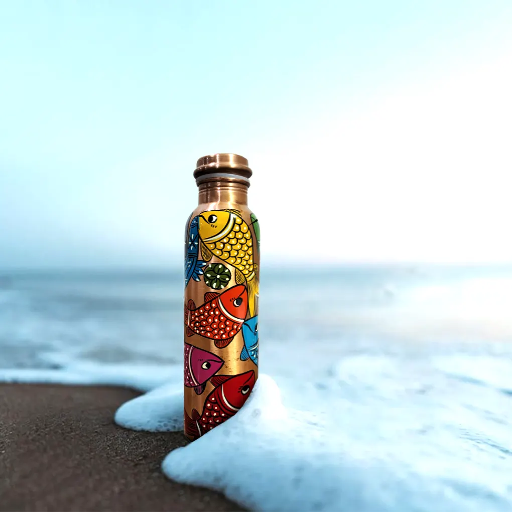 Hand-Painted Copper Bottle -Fish Design
