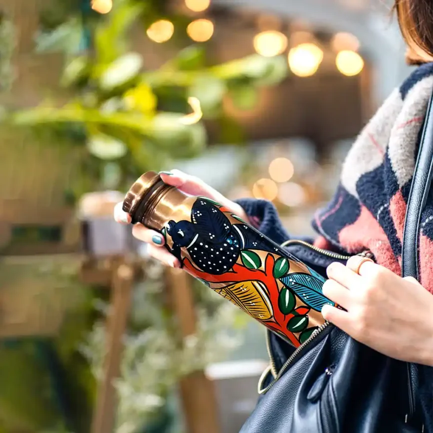 Hand-Painted Copper Bottle -Bird Design