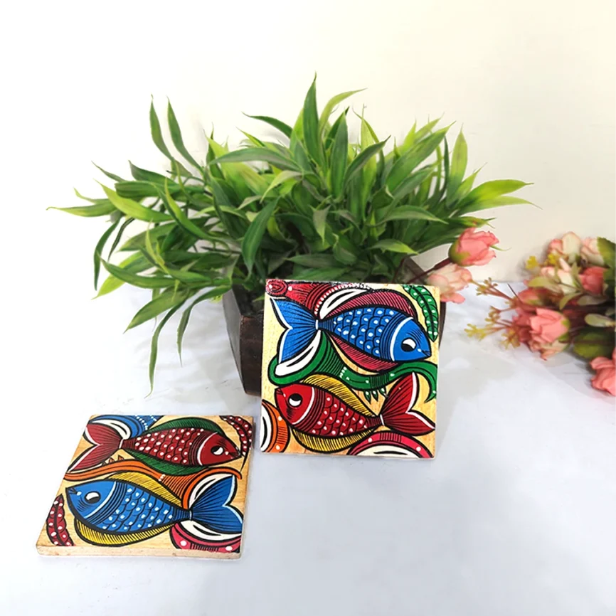 Hand-Painted Pattachitra Wooden Coasters (Set of 2)