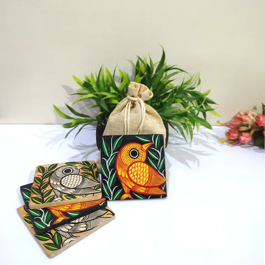 Hand-Painted Pattachitra Wooden Coasters (Set of 4)