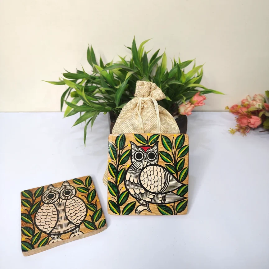 Hand-Painted Pattachitra Owl Wooden Coaster Set (2 Eco-Friendly Tea Coasters)