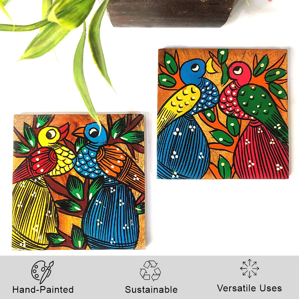 Hand-Painted Square Pattachitra Bird Wooden Coaster Set (2 Eco-Friendly Tea Coasters) - Image 2