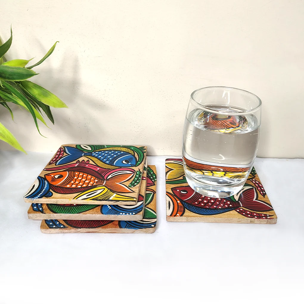 Hand-Painted Pattchitra Wooden Coasters (Set of 4) - Image 2