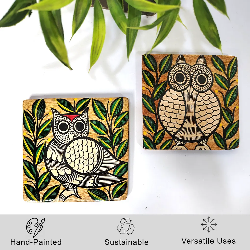 Hand-Painted Pattachitra Owl Wooden Coaster Set (2 Eco-Friendly Tea Coasters) - Image 2