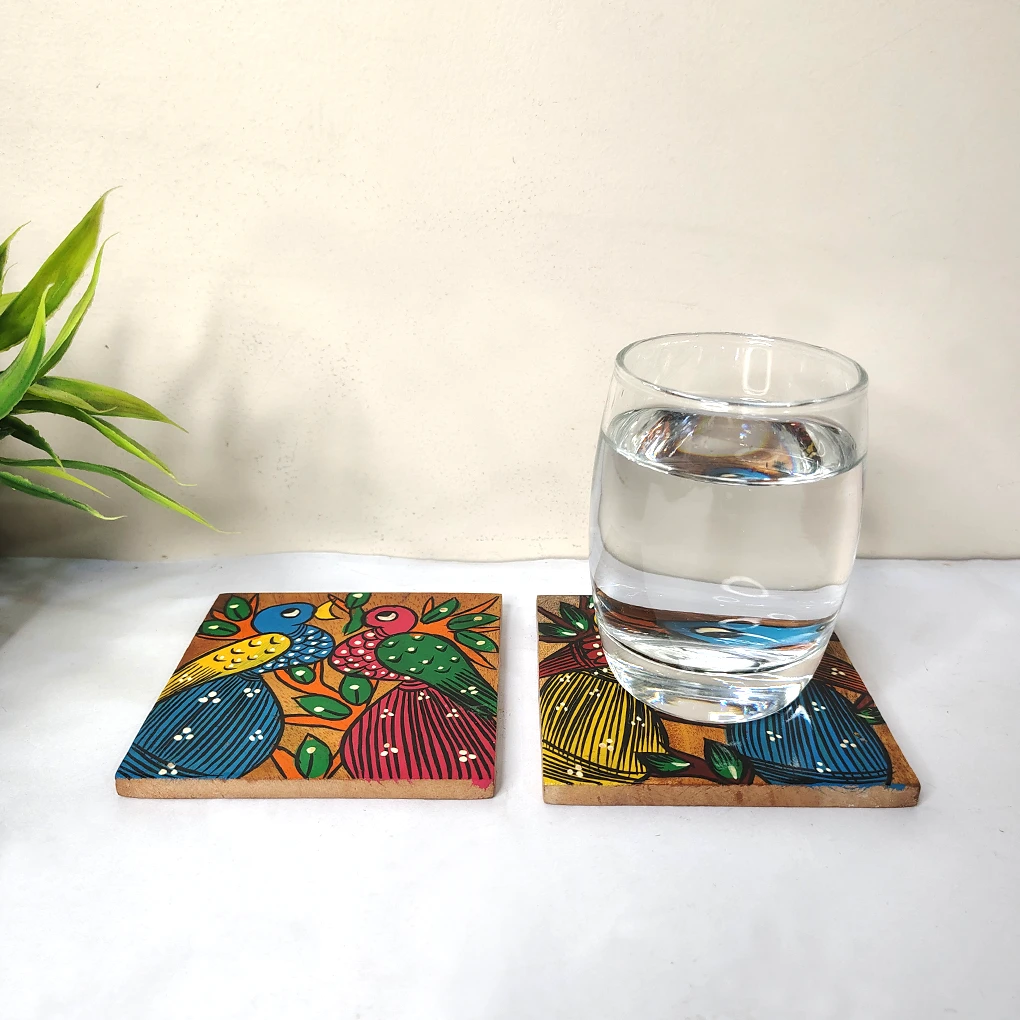 Hand-Painted Square Pattachitra Bird Wooden Coaster Set (2 Eco-Friendly Tea Coasters) - Image 3