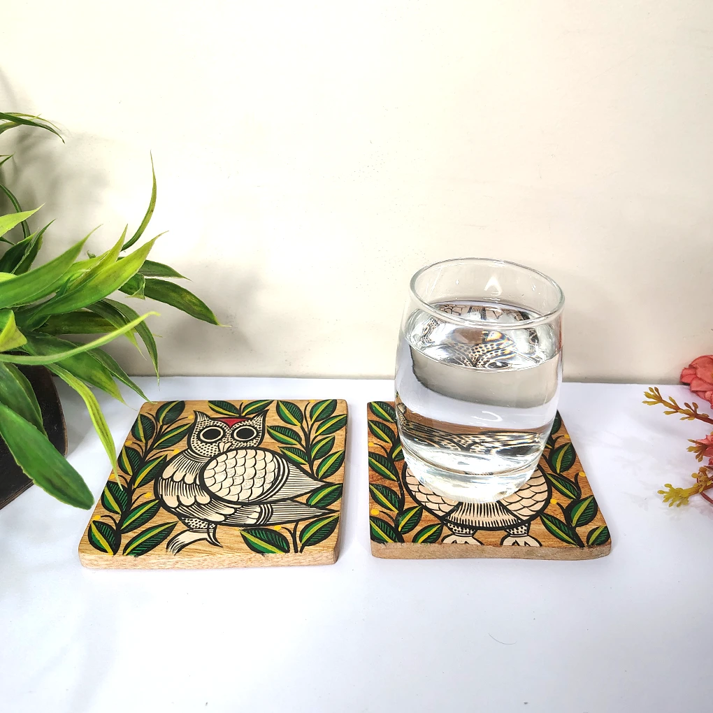Hand-Painted Pattachitra Owl Wooden Coaster Set (2 Eco-Friendly Tea Coasters) - Image 3