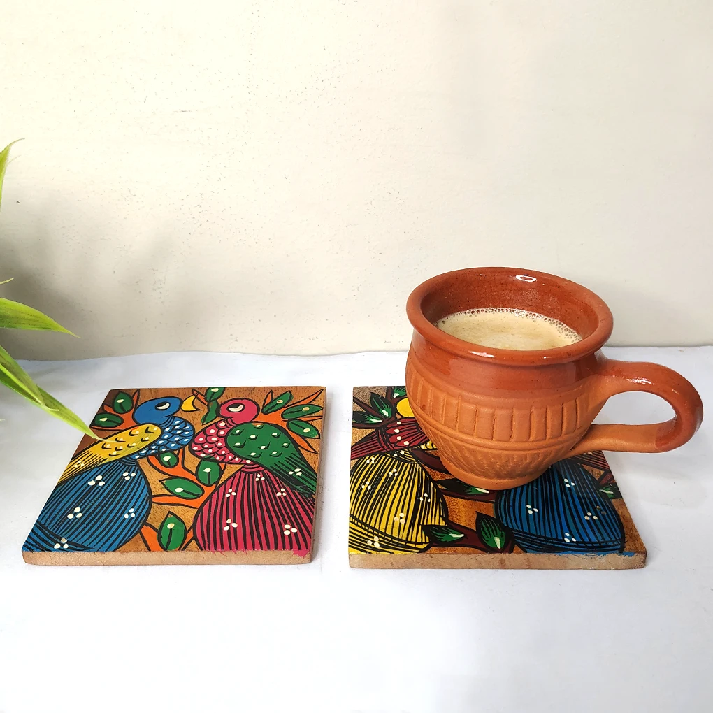 Hand-Painted Square Pattachitra Bird Wooden Coaster Set (2 Eco-Friendly Tea Coasters) - Image 4