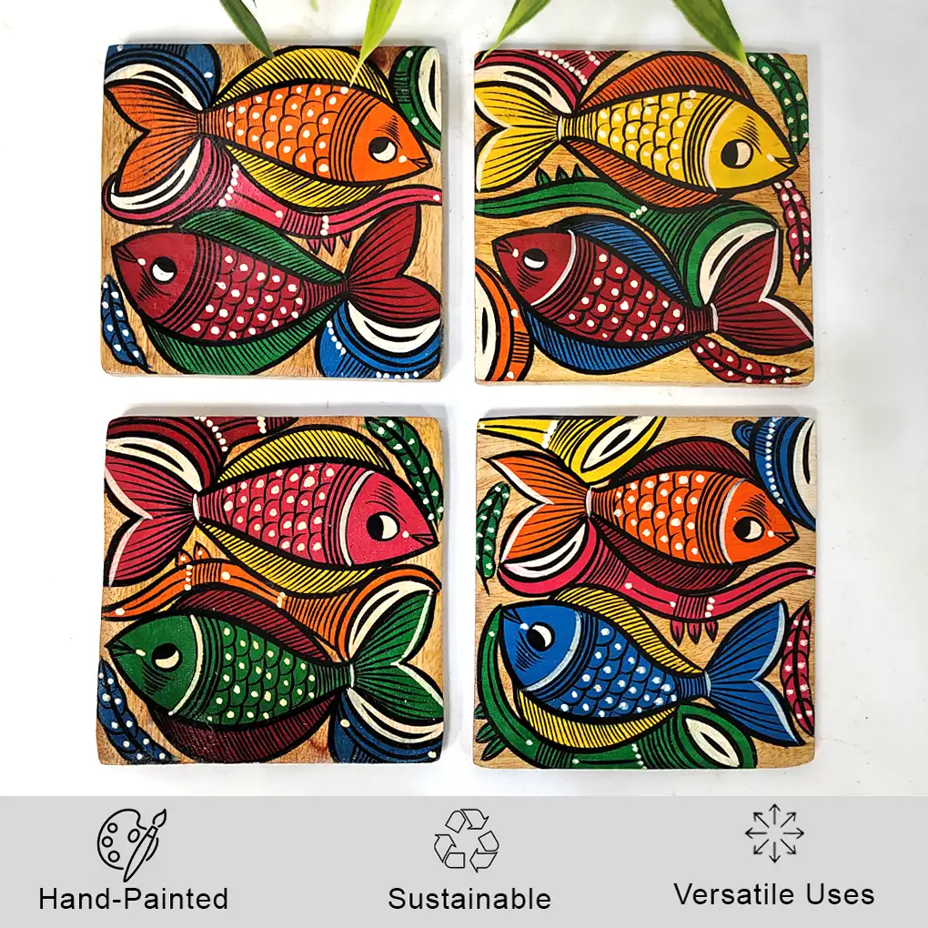 Hand-Painted Pattchitra Wooden Coasters (Set of 4) - Image 4