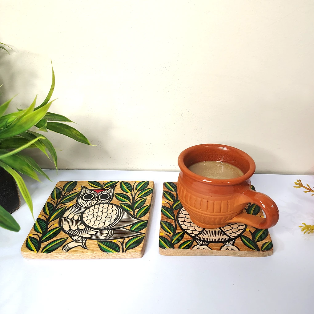 Hand-Painted Pattachitra Owl Wooden Coaster Set (2 Eco-Friendly Tea Coasters) - Image 4