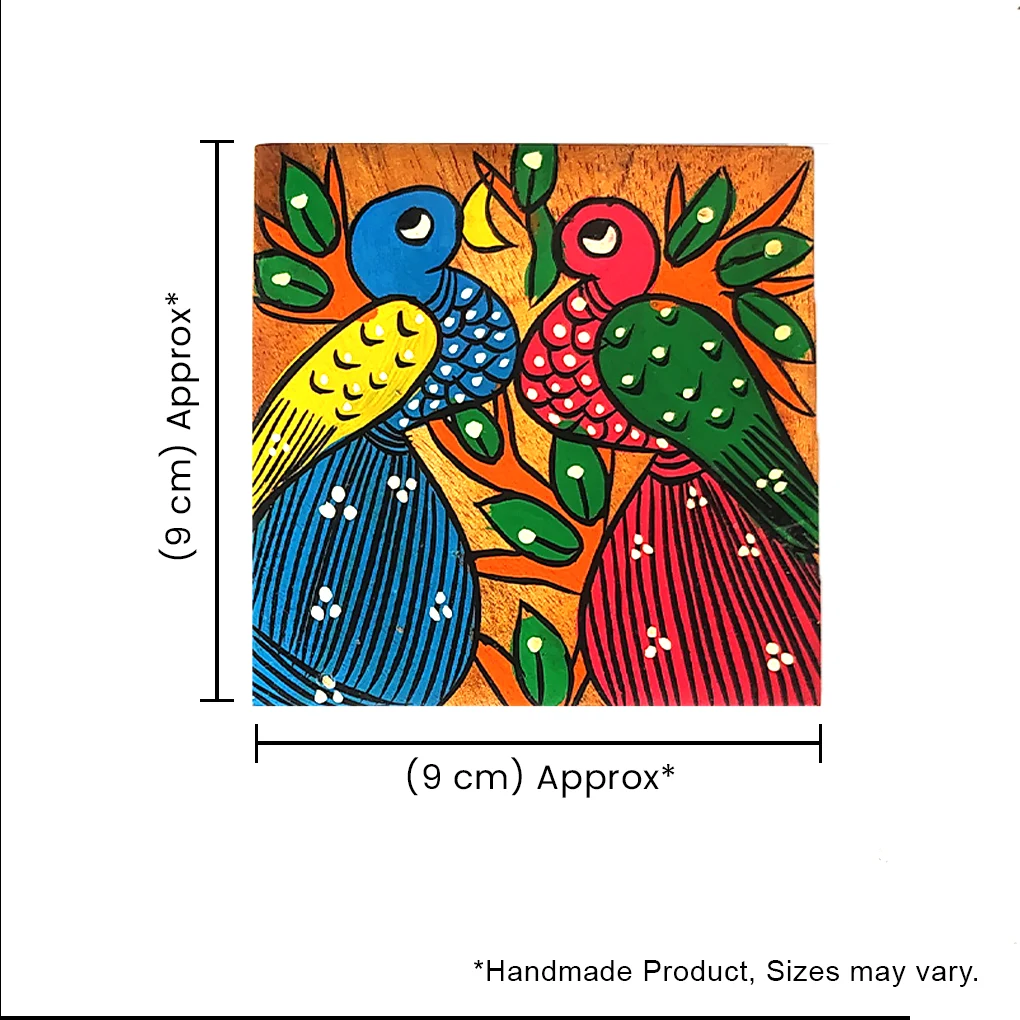 Hand-Painted Square Pattachitra Bird Wooden Coaster Set (2 Eco-Friendly Tea Coasters) - Image 5