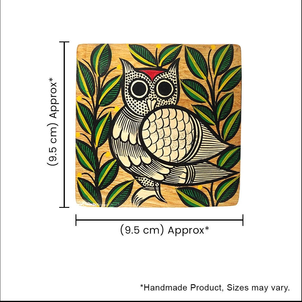 Hand-Painted Pattachitra Owl Wooden Coaster Set (2 Eco-Friendly Tea Coasters) - Image 5