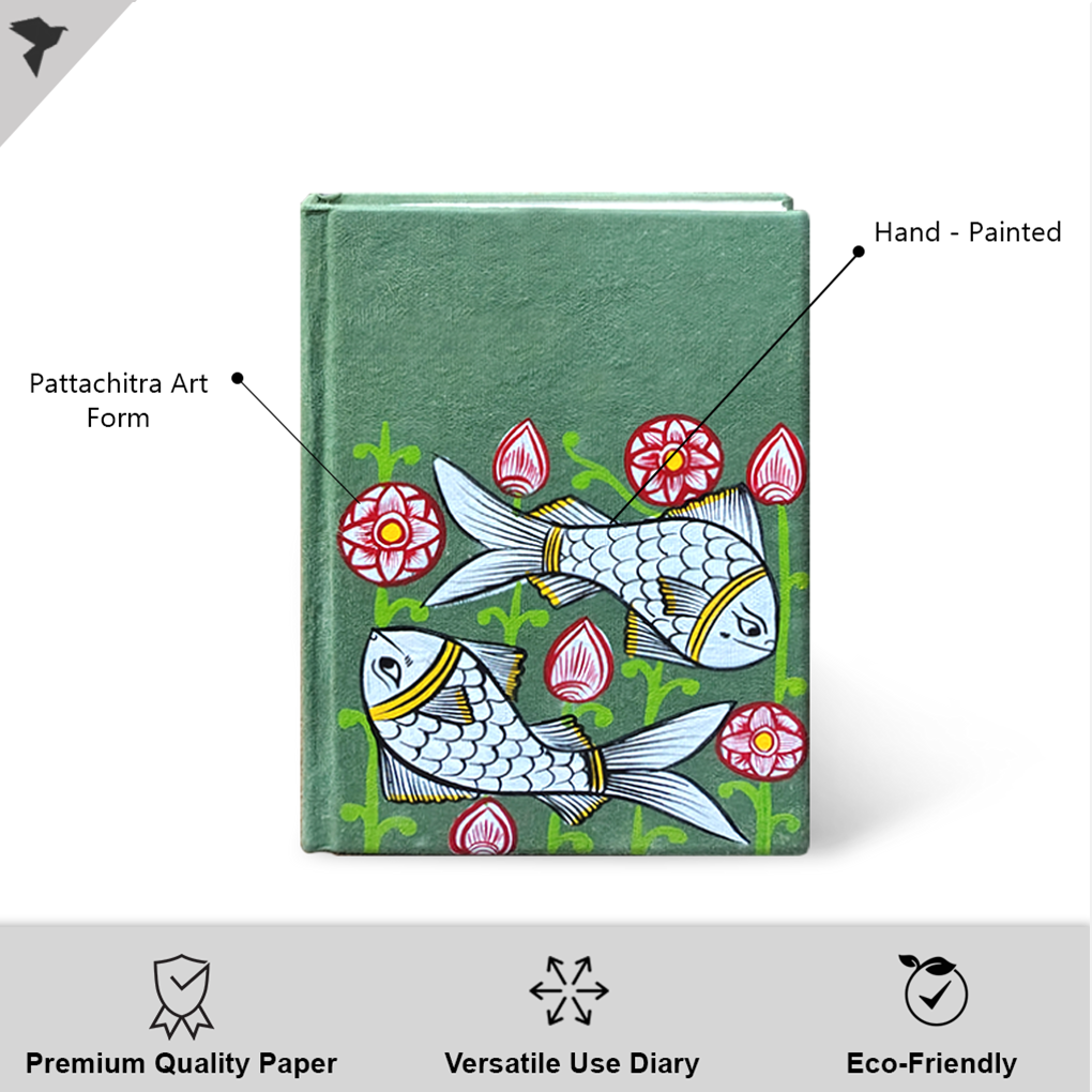 Hand-Painted Pattachitra Art Diary with Handmade Paper | Traditional Folk Fish Design - Image 2