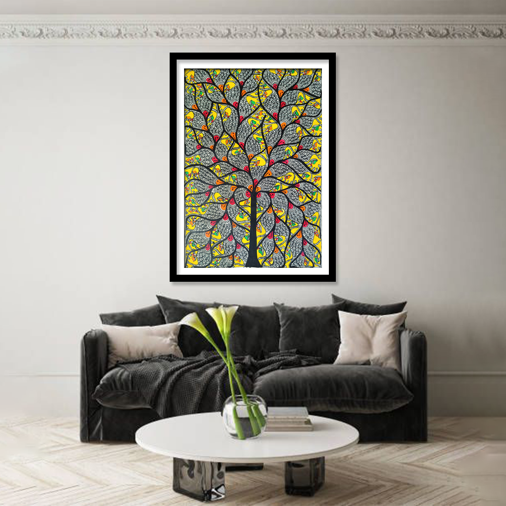 Sacred Tree of Life with Dual Fish & Cow Motif – Traditional Madhubani Folk Art Painting