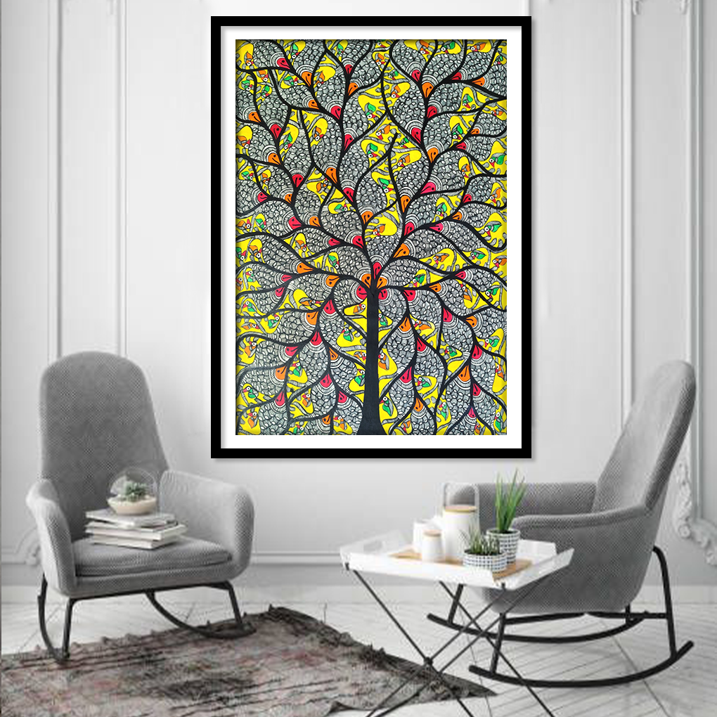 Sacred Tree of Life with Dual Fish & Cow Motif – Traditional Madhubani Folk Art Painting - Image 2