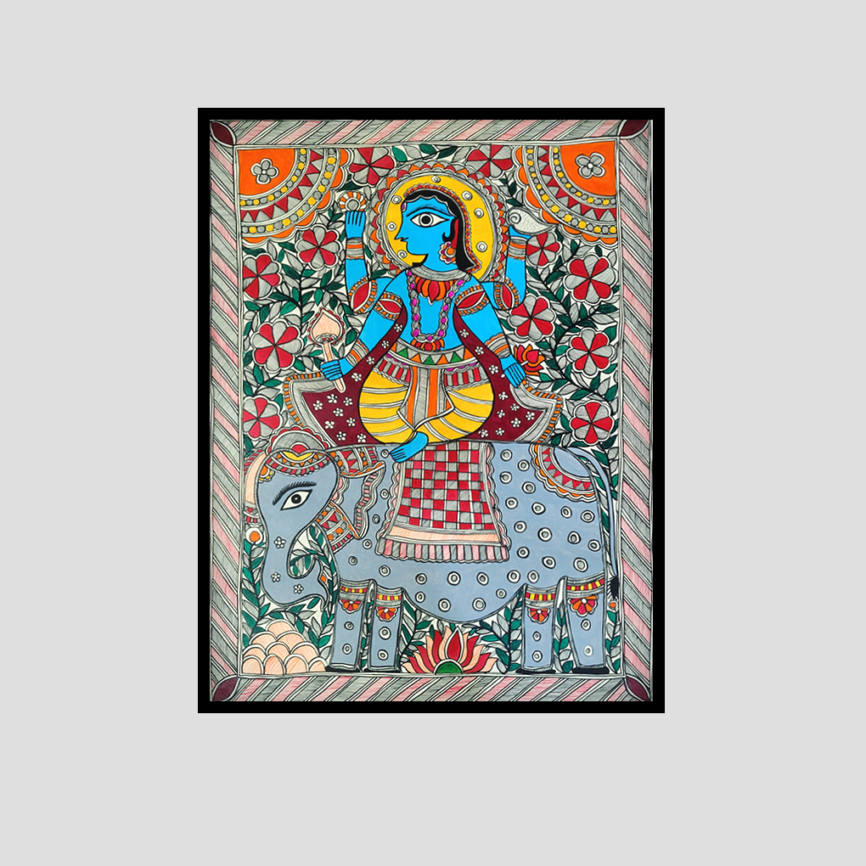 Divine Lakshmi on Elephant – Traditional Madhubani Folk Art Painting (Hand-Painted)