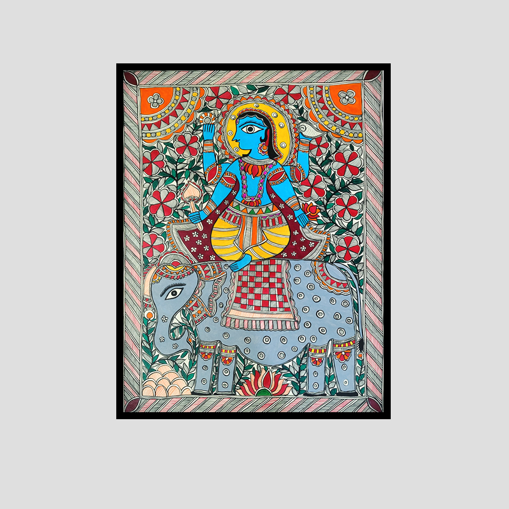 Divine Lakshmi on Elephant – Traditional Madhubani Folk Art Painting (Hand-Painted)