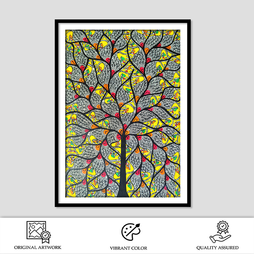 Sacred Tree of Life with Dual Fish & Cow Motif – Traditional Madhubani Folk Art Painting - Image 3