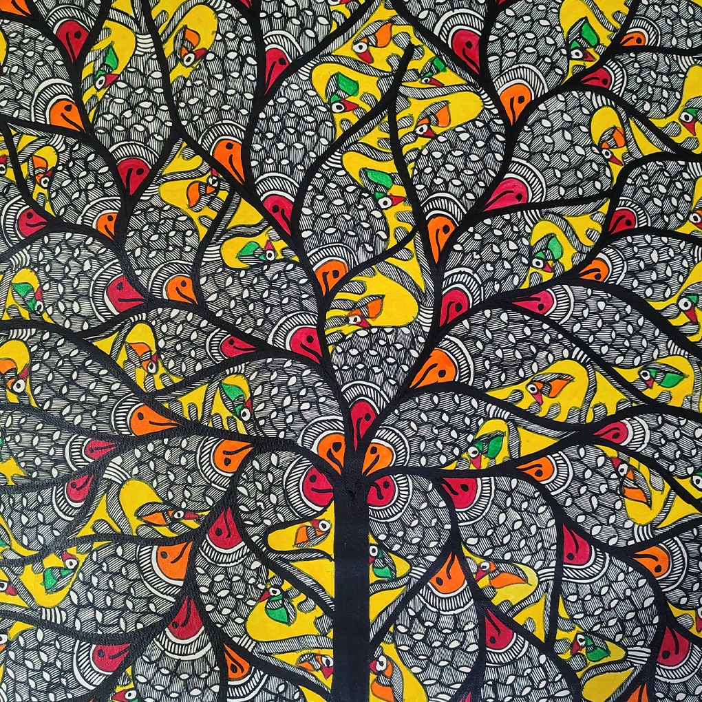 Sacred Tree of Life with Dual Fish & Cow Motif – Traditional Madhubani Folk Art Painting - Image 5