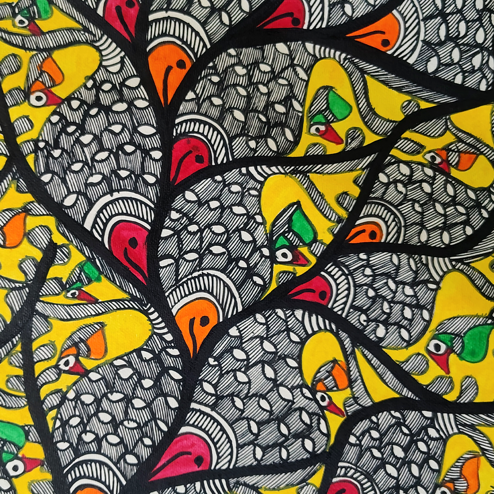 Sacred Tree of Life with Dual Fish & Cow Motif – Traditional Madhubani Folk Art Painting - Image 6