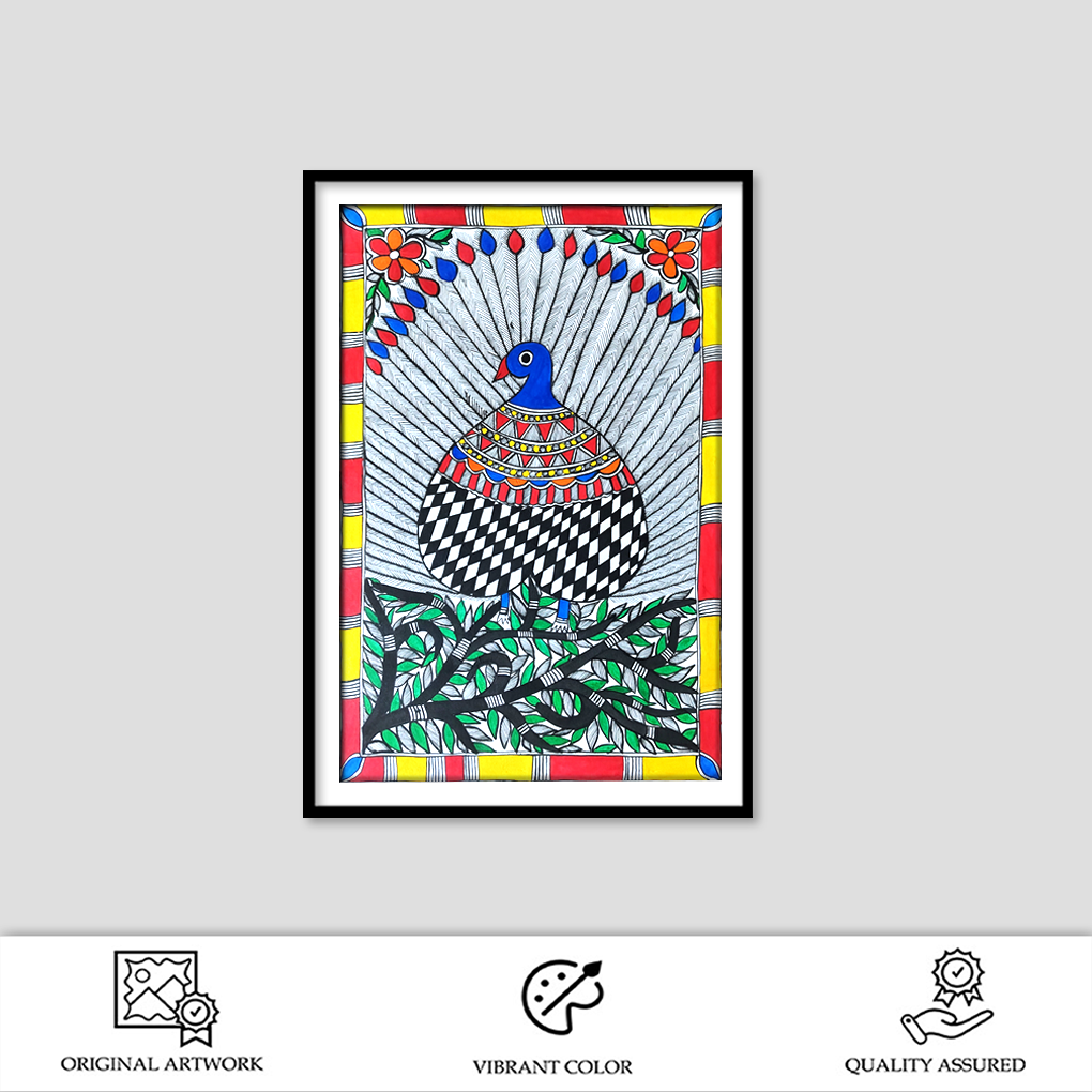 Hand-Painted Madhubani Peacock Artwork | Traditional Mithila Folk Art | Vibrant Wall Décor Painting - Image 2