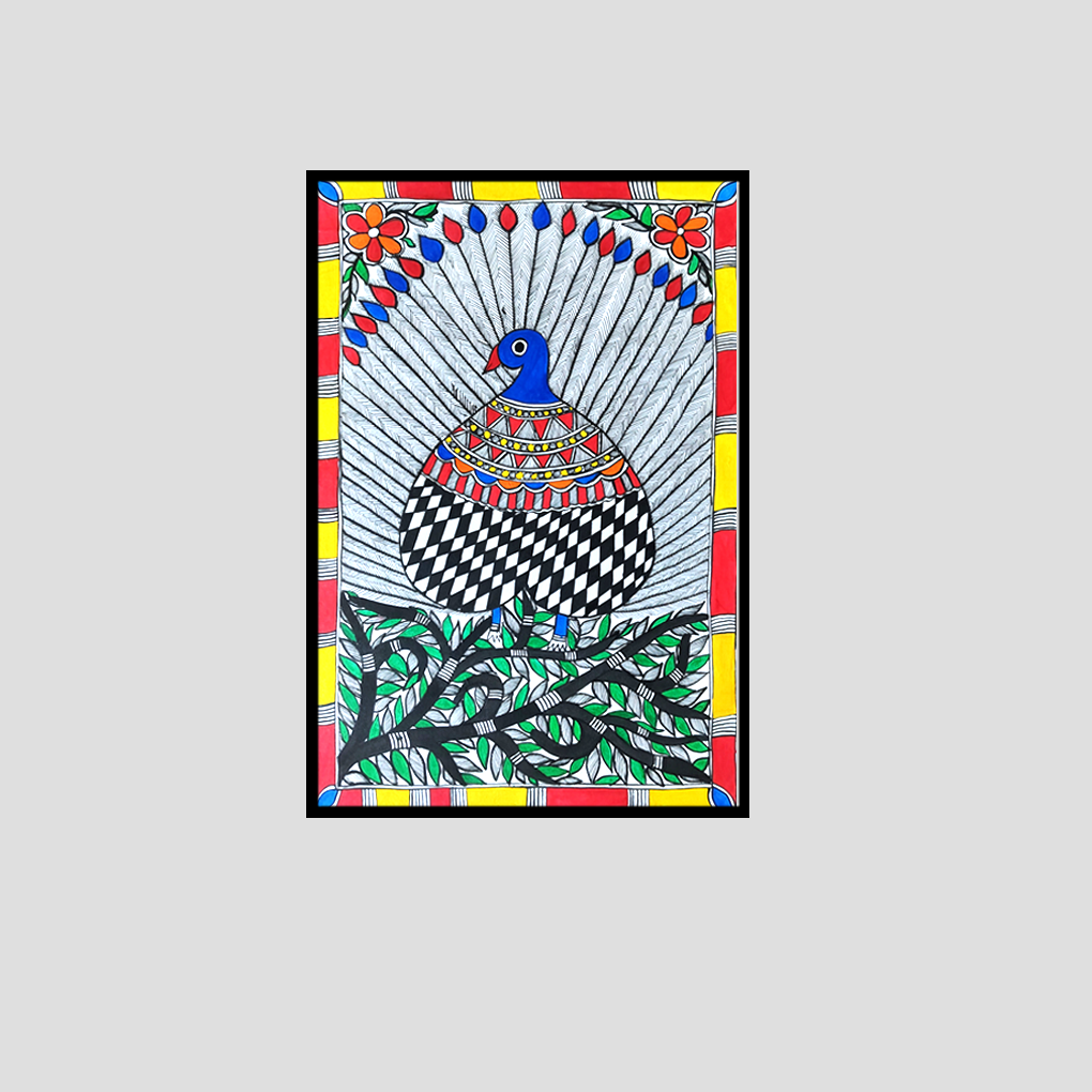 Hand-Painted Madhubani Peacock Artwork | Traditional Mithila Folk Art | Vibrant Wall Décor Painting - Image 3
