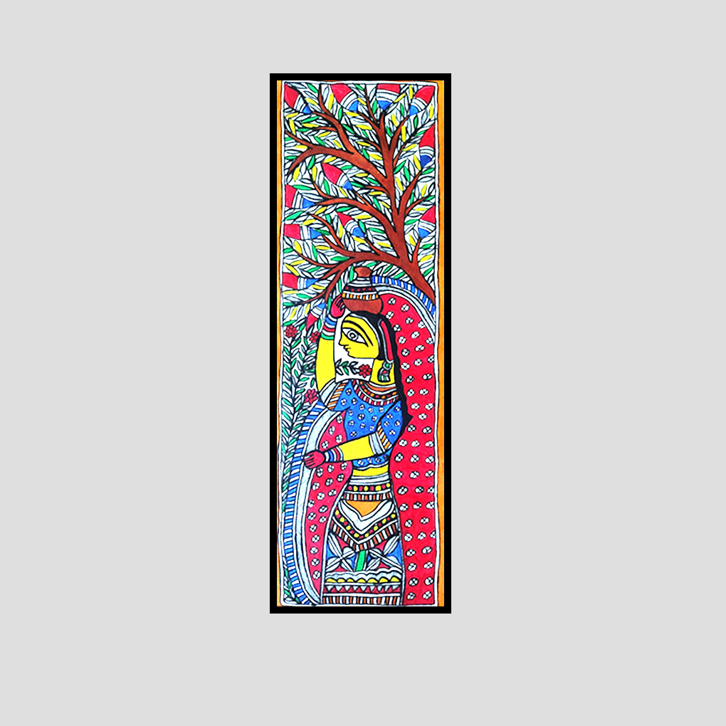 Hand-Painted Madhubani Woman Under Tree | Traditional Mithila Art | Vertical Folk Wall Decor - Image 3