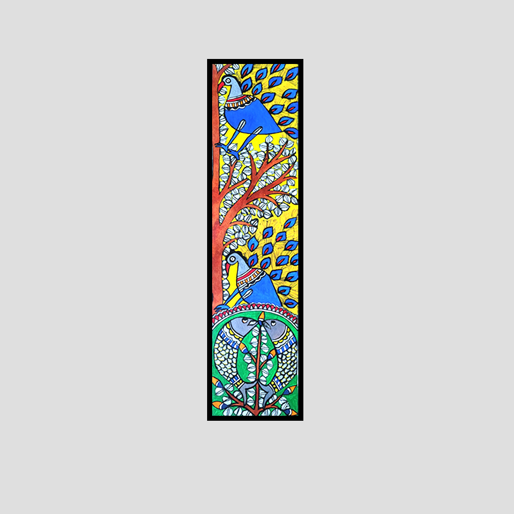Hand-Painted Madhubani Art – Traditional Tribal Folk Painting | Peacock Under Tree | Vertical Wall Décor - Image 3