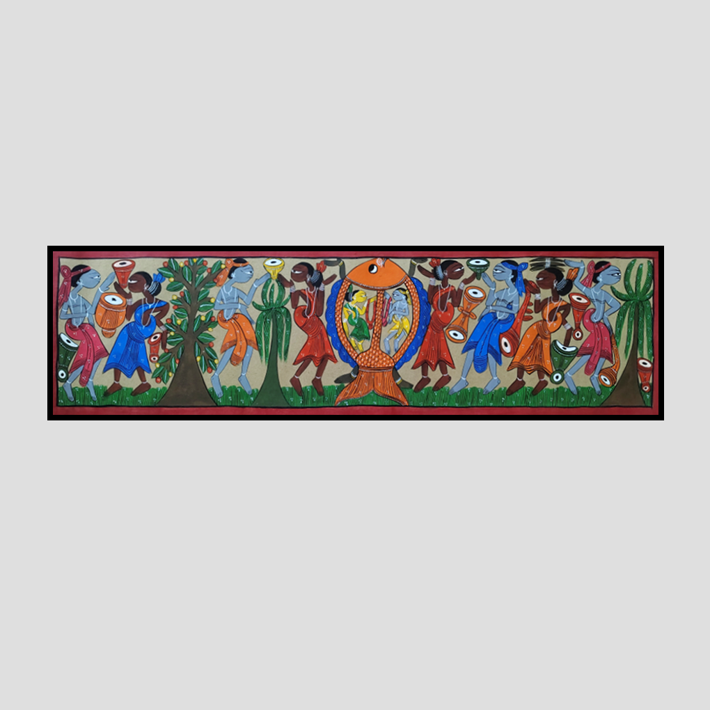 Pattachitra Tribal Dance with Fish Motif Painting | Folk Art Wall Decor - Image 3