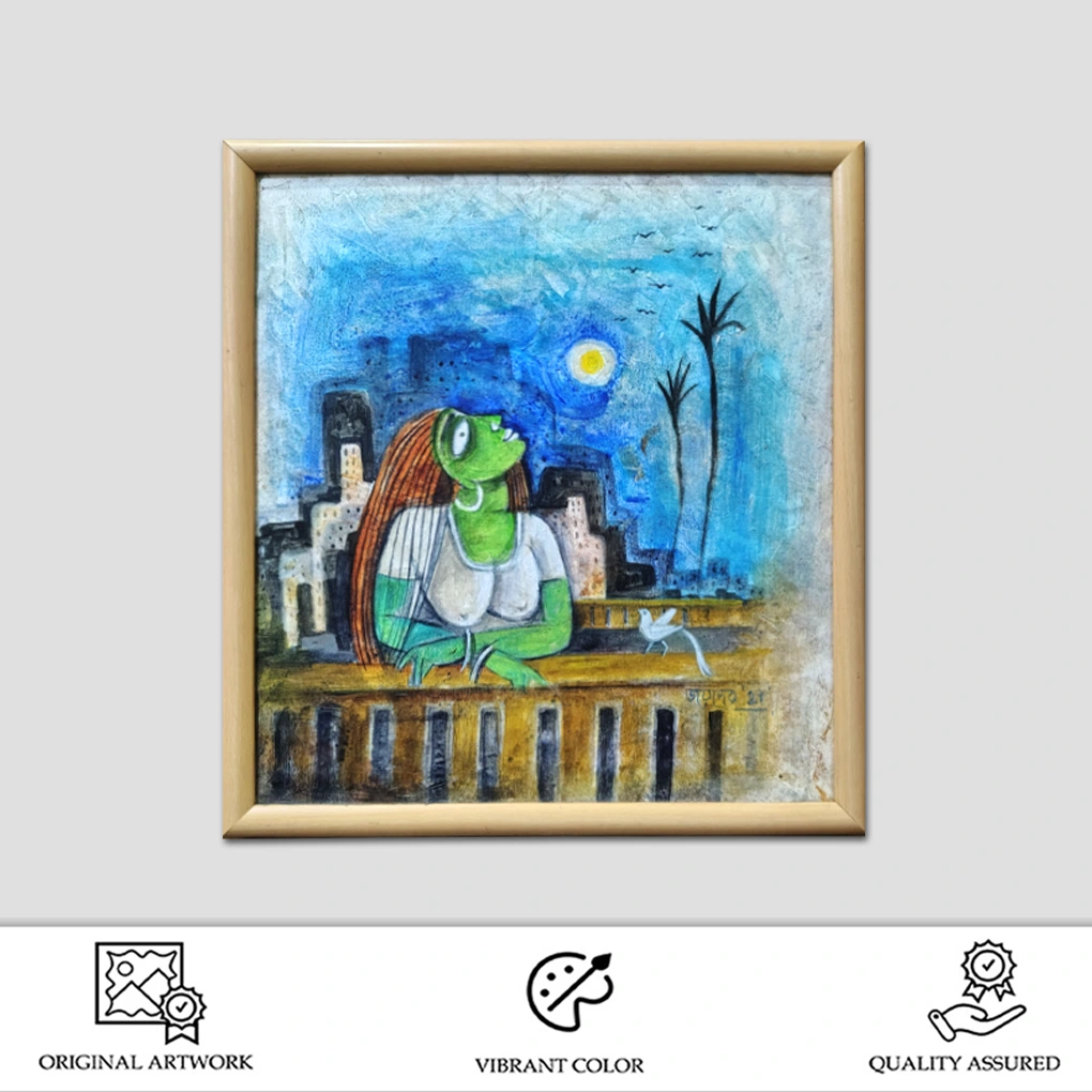 Expressionist Woman on Balcony Painting – Hand-Painted Modern Art - Image 2
