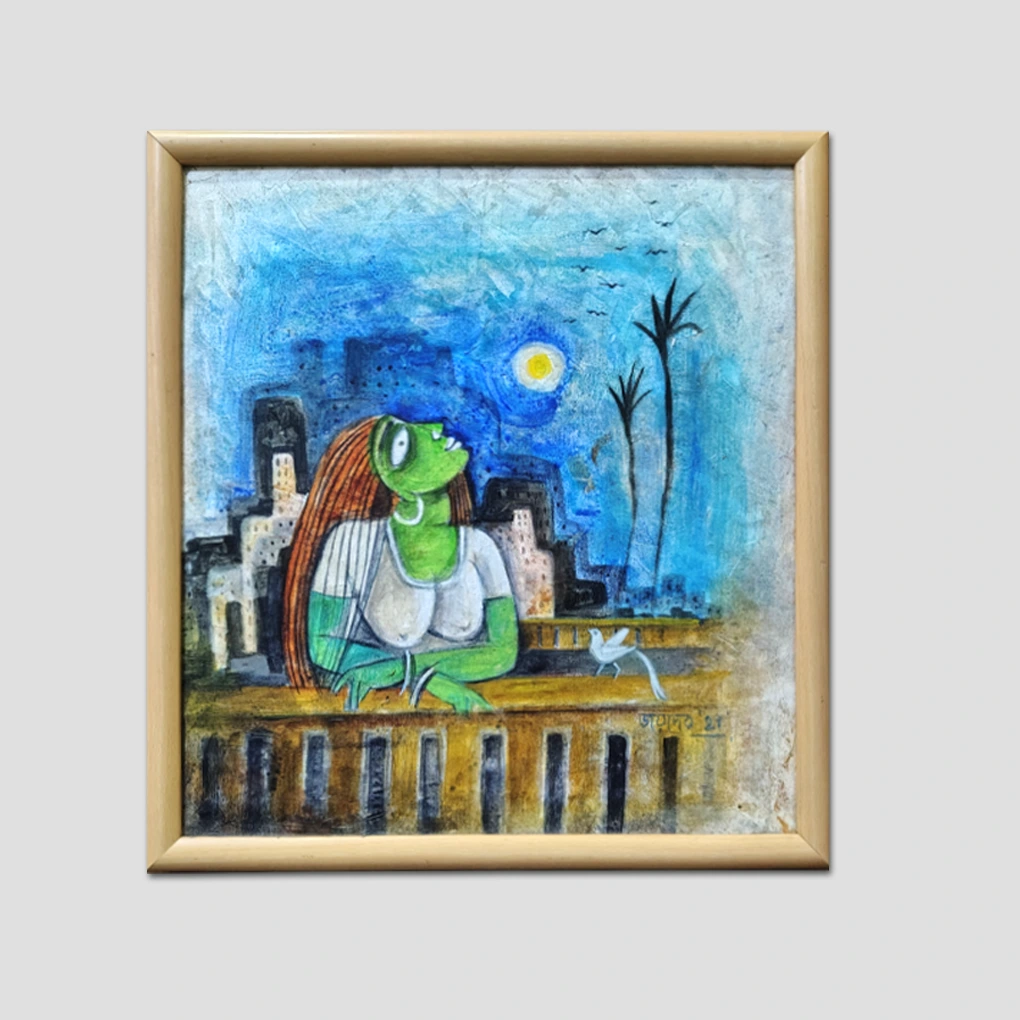 Expressionist Woman on Balcony Painting – Hand-Painted Modern Art - Image 3