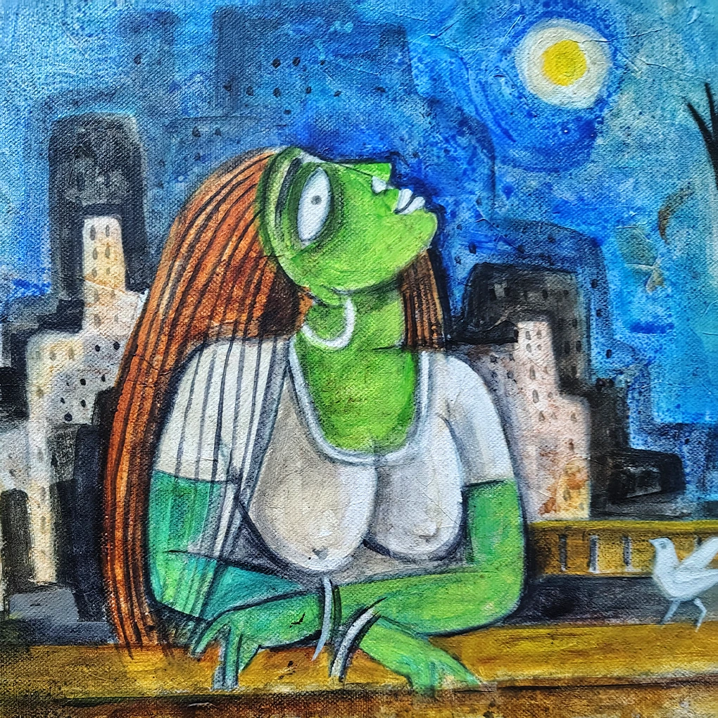 Expressionist Woman on Balcony Painting – Hand-Painted Modern Art - Image 4