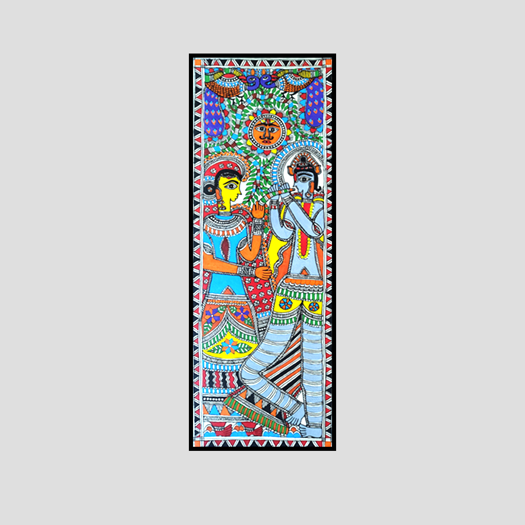 Hand-Painted Madhubani Radha Krishna Artwork | Mithila Folk Painting | Symbol of Love & Devotion - Image 3