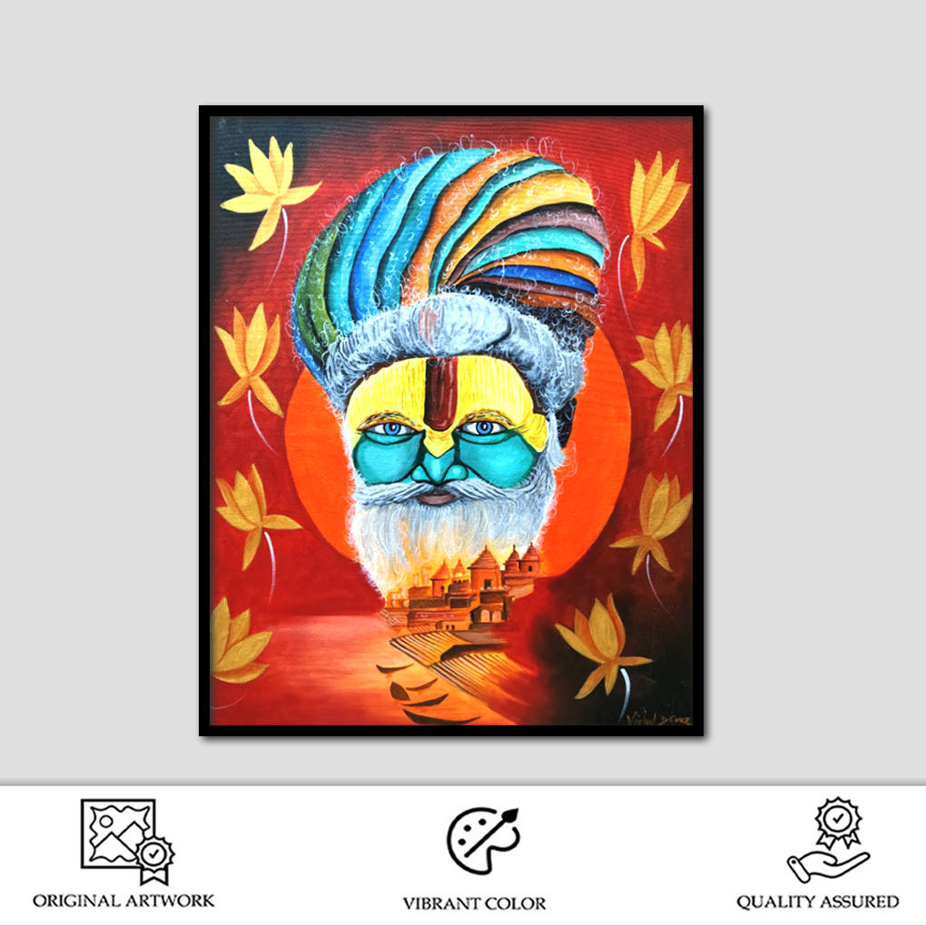 Vibrant Sadhu Face Painting – Spiritual & Traditional Canvas Art - Image 2