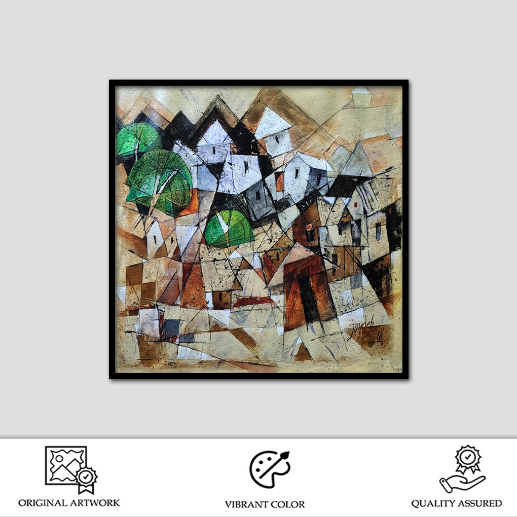 Abstract Village Cubist Painting – Hand-Painted Contemporary Art - Image 2