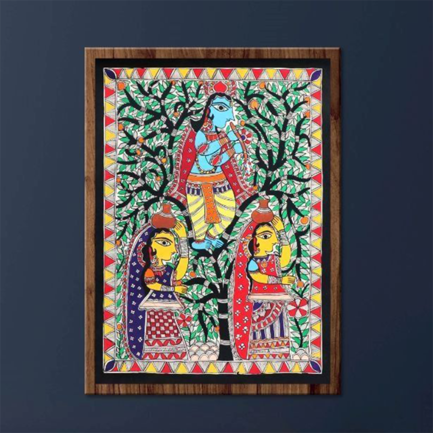 krishna with two gopis mithila art madhubani painting