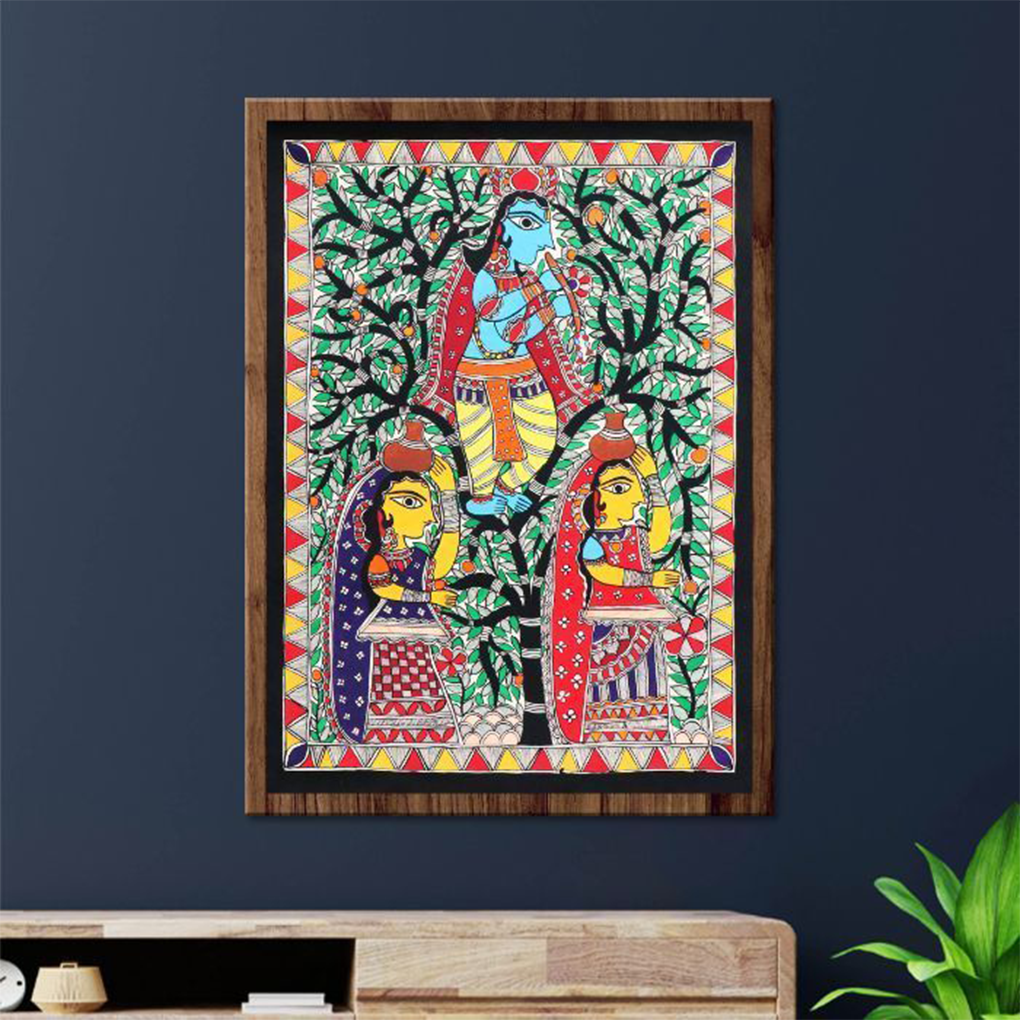 krishna with two gopis mithila art madhubani painting - Image 2