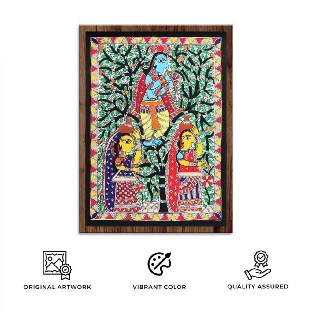 krishna with two gopis mithila art madhubani painting - Image 3