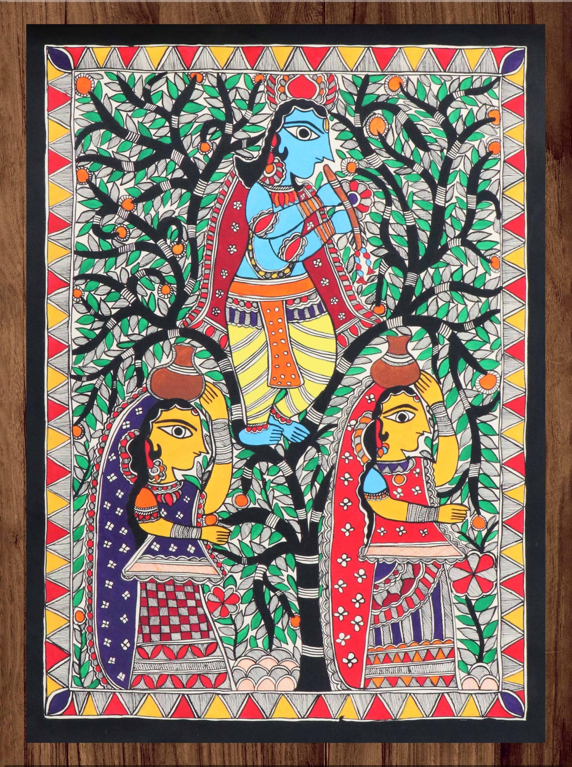 krishna with two gopis mithila art madhubani painting - Image 4