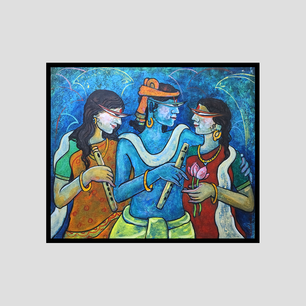 Krishna With Gopis – Devotional Multicolour Canvas Painting - Image 3