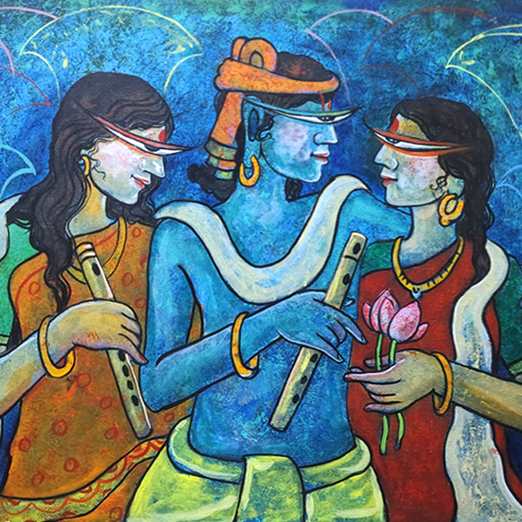 Krishna With Gopis – Devotional Multicolour Canvas Painting - Image 4