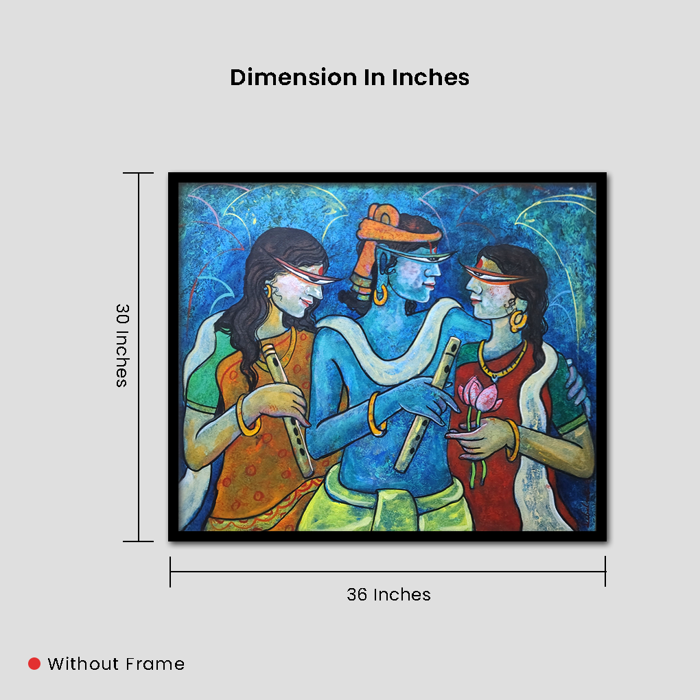 Krishna With Gopis – Devotional Multicolour Canvas Painting - Image 5