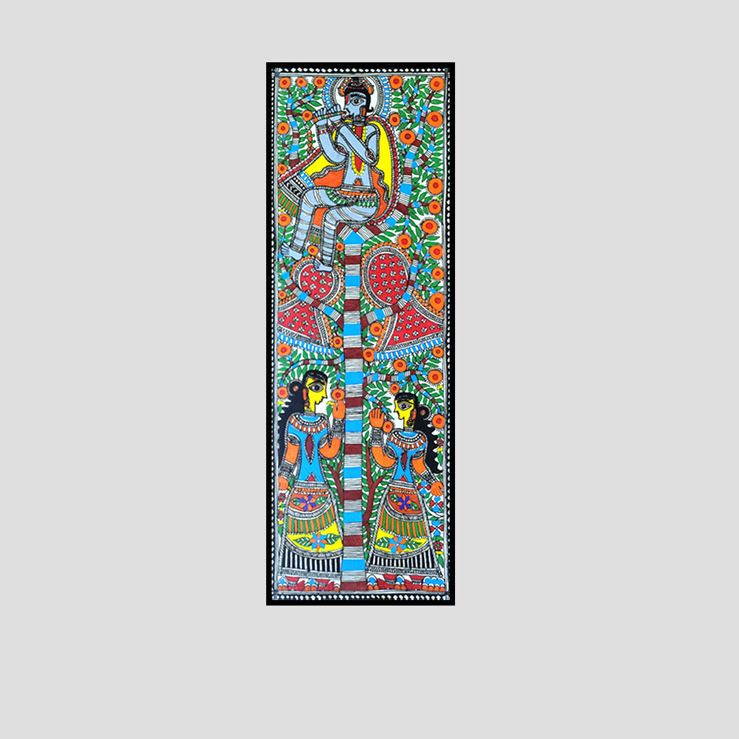 Hand-Painted Madhubani Tree of Life With Krishna & Gopis | Traditional Mithila Folk Art - Image 3