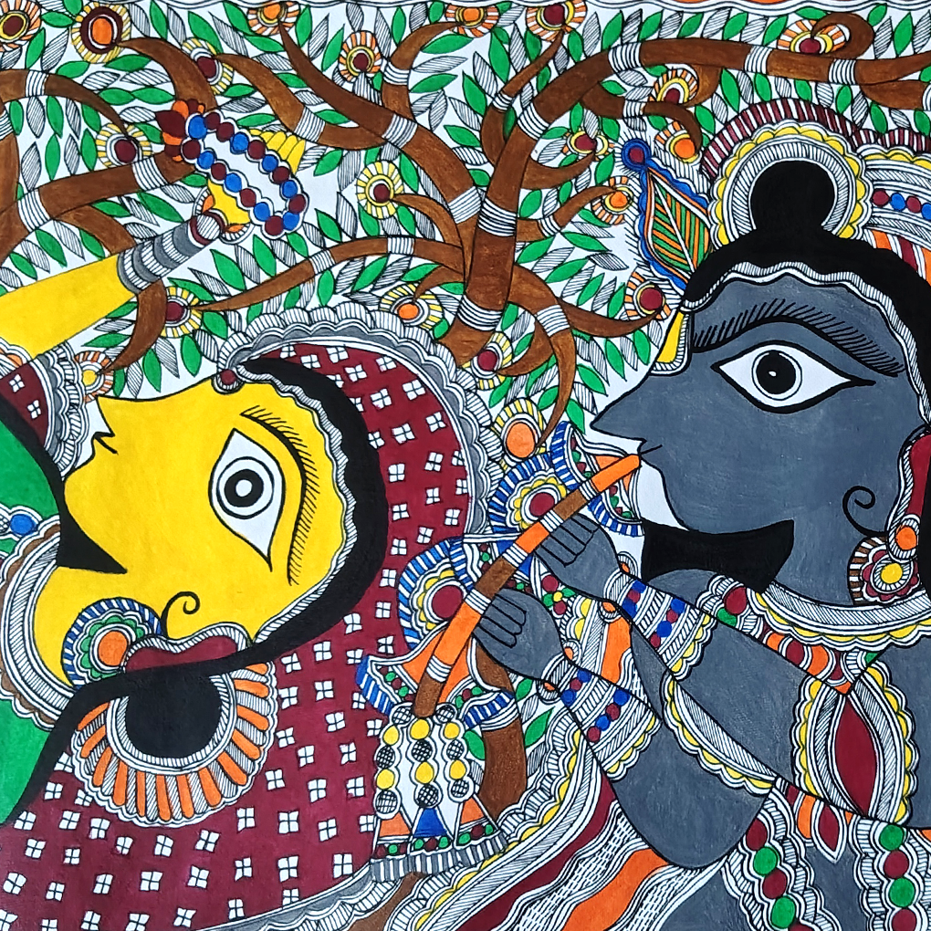 Graceful Radha Under the Kadamba Tree – Traditional Madhubani Folk Art Painting - Image 5