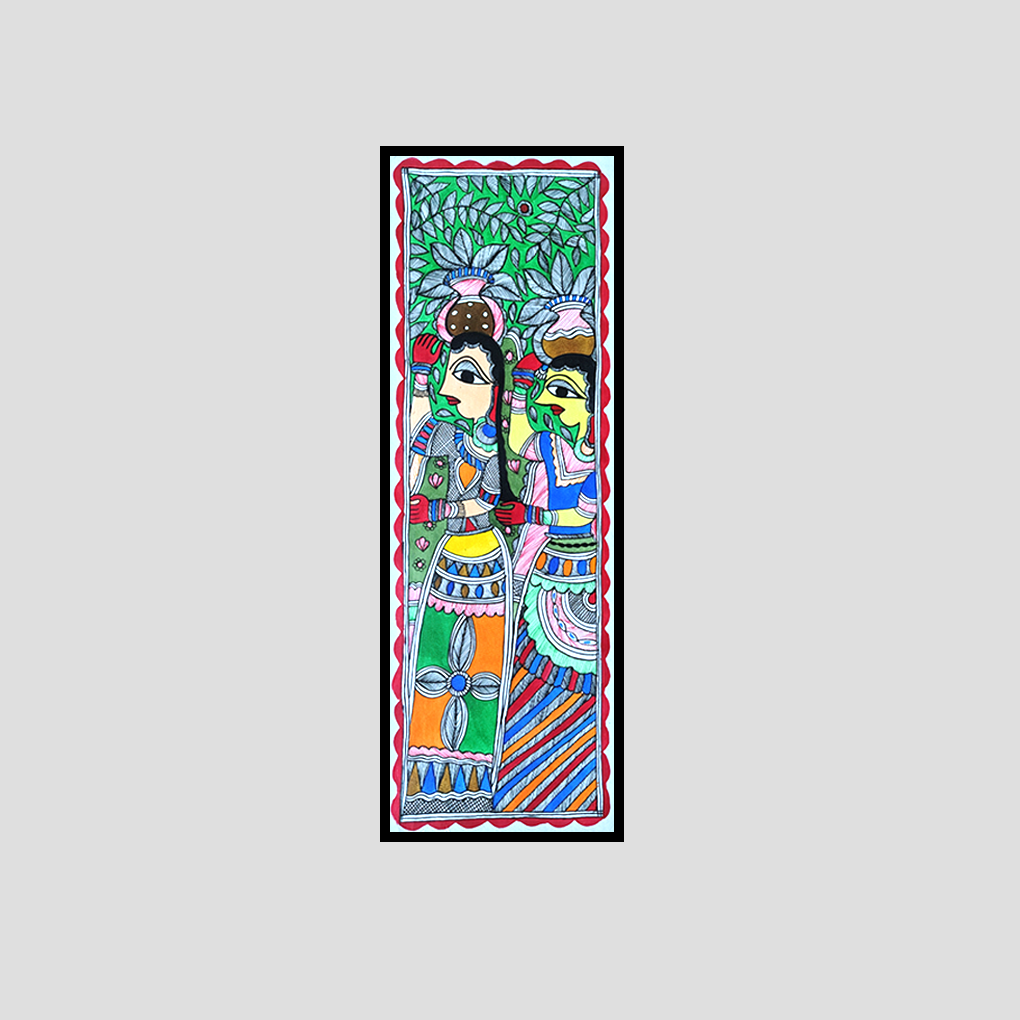 Hand-Painted Madhubani Artwork – Traditional Women Under Tree - Image 3