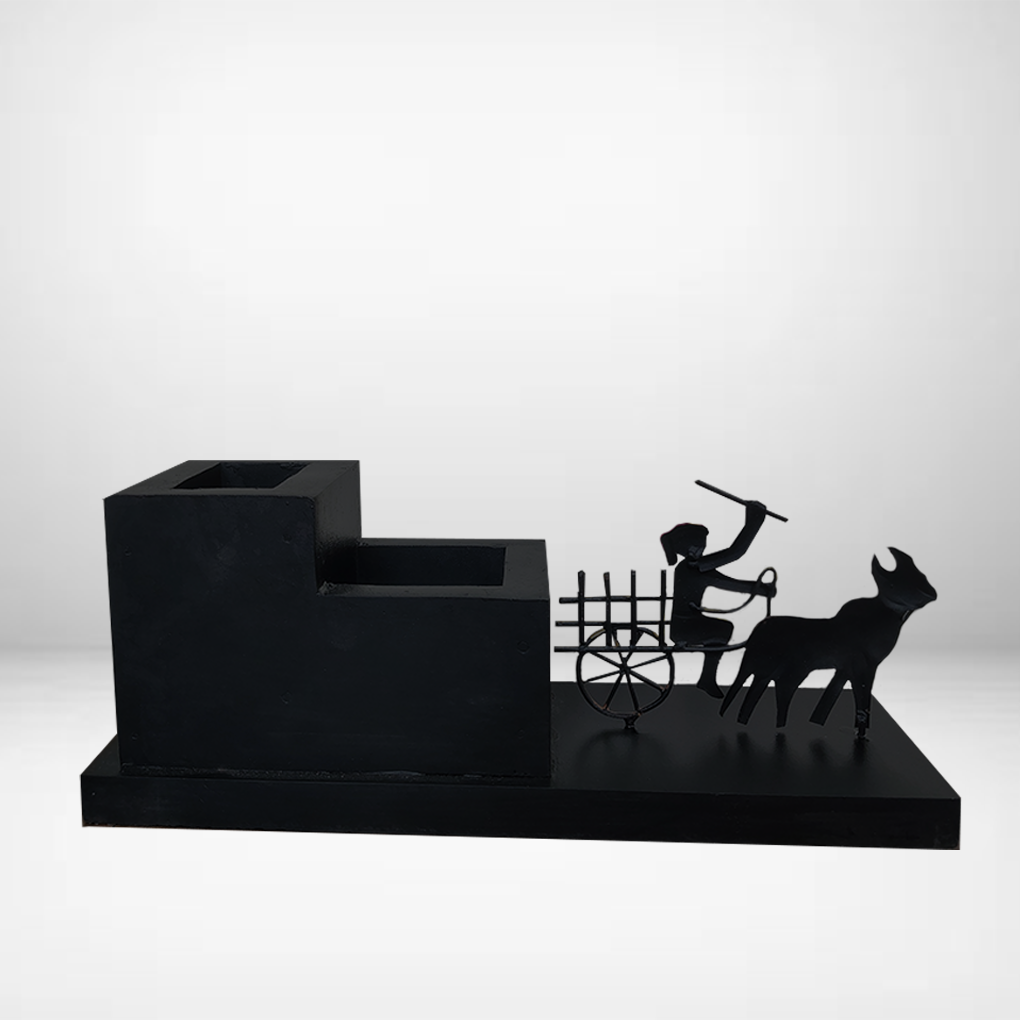 Handcrafted Bullock Cart Tribal Art Pen Stand | Wooden Desk Organizer Memento | Antique Finish - Image 4