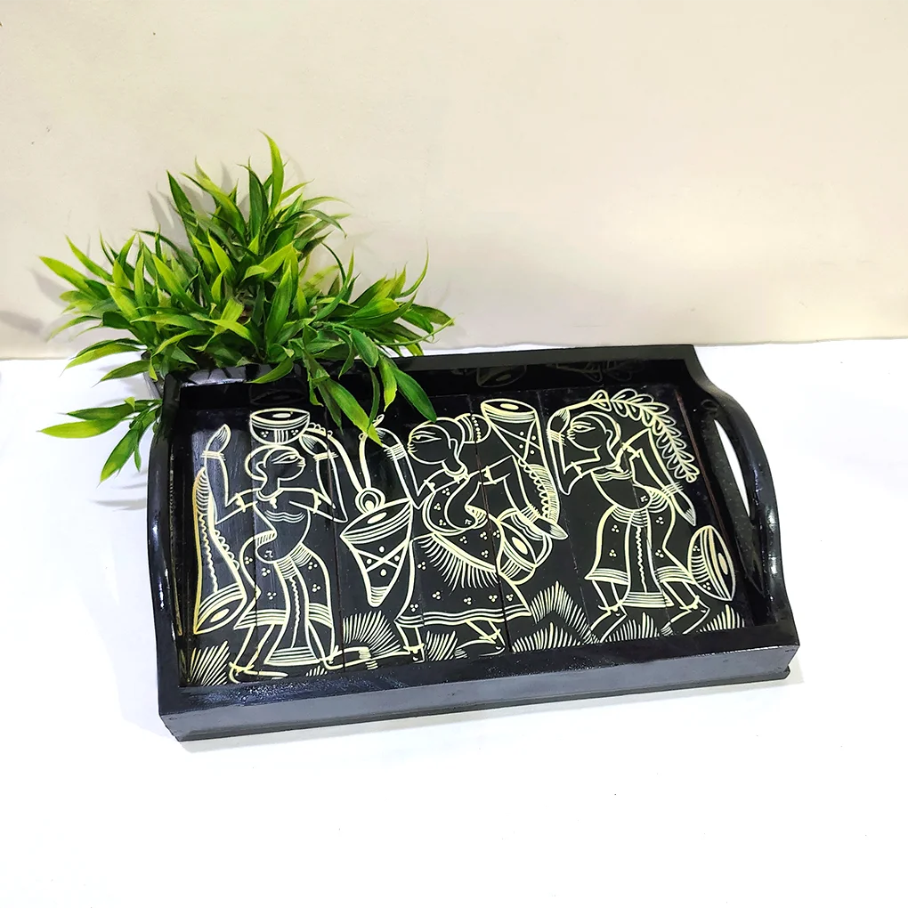 Black Wooden Serving Tray with Handles – Hand Painted Floral Decorative Tea Tray