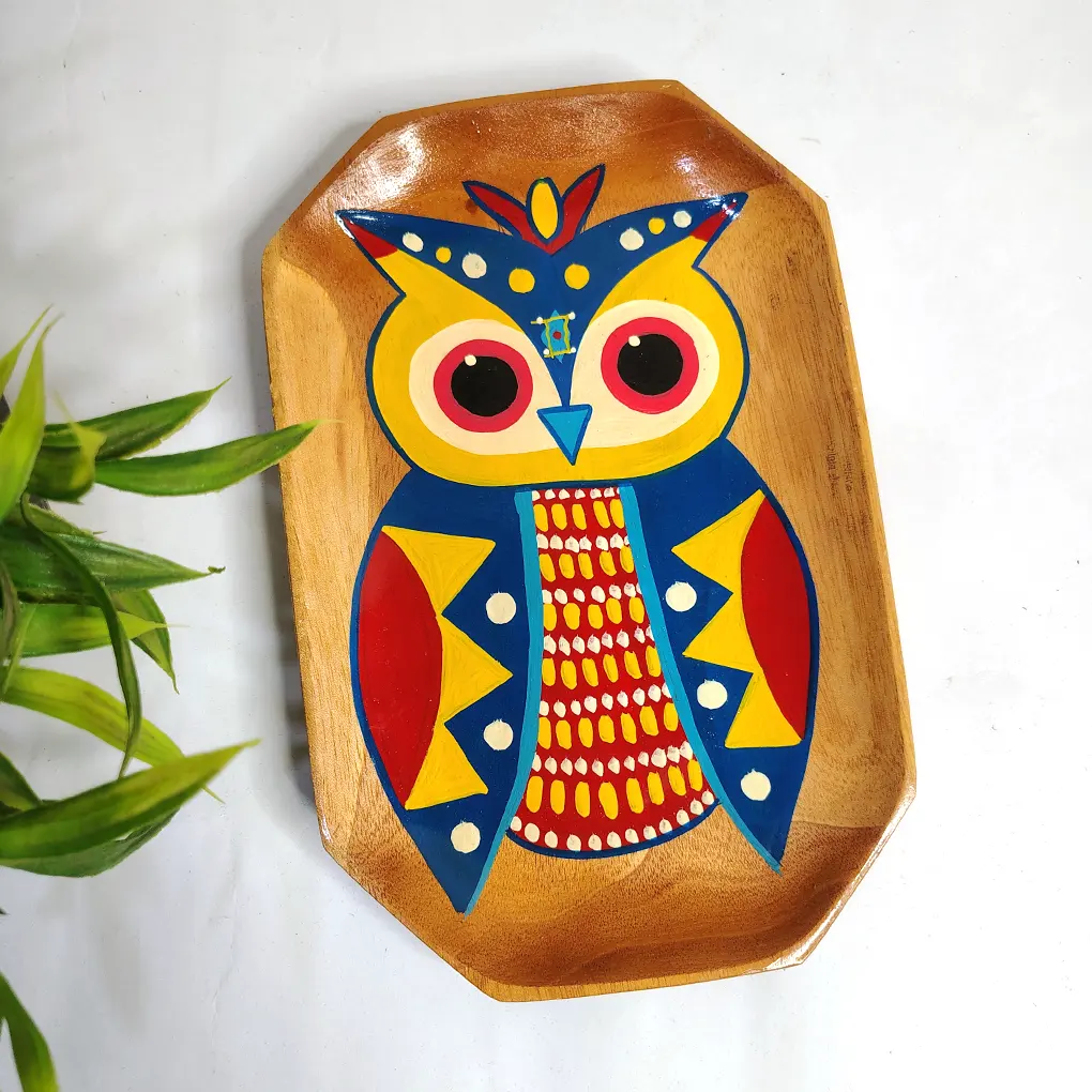 Owl Shape Wooden Serving Tray – Hand Painted Pattachitra Owl Decorative Tea Tray