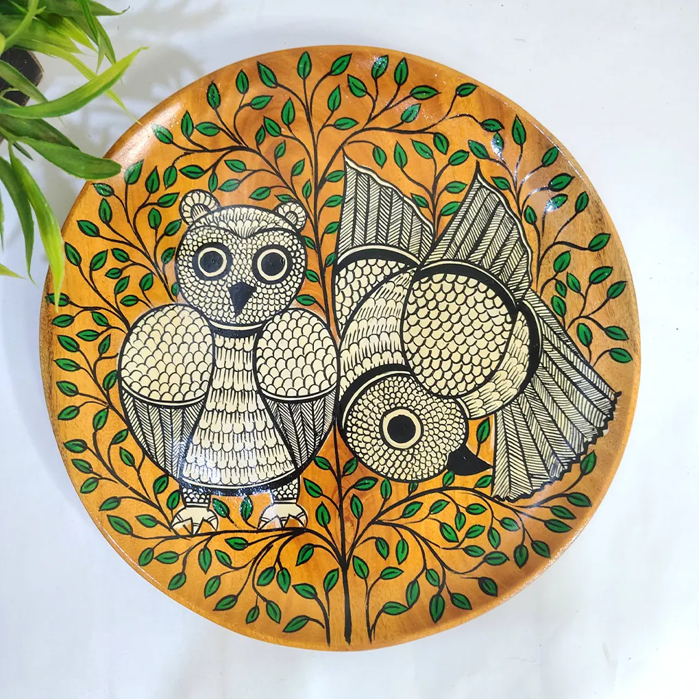 Round Wooden Serving Tray – Hand Painted Pattachitra Owl Tea Serving Tray