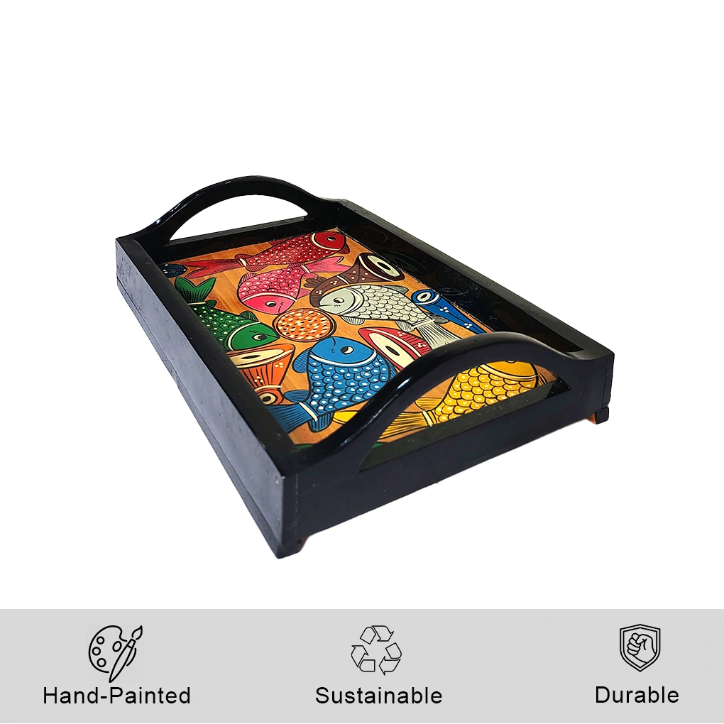 Fish Shape Wooden Serving Tray – Hand Painted Pattachitra Decorative Tea Tray - Image 2